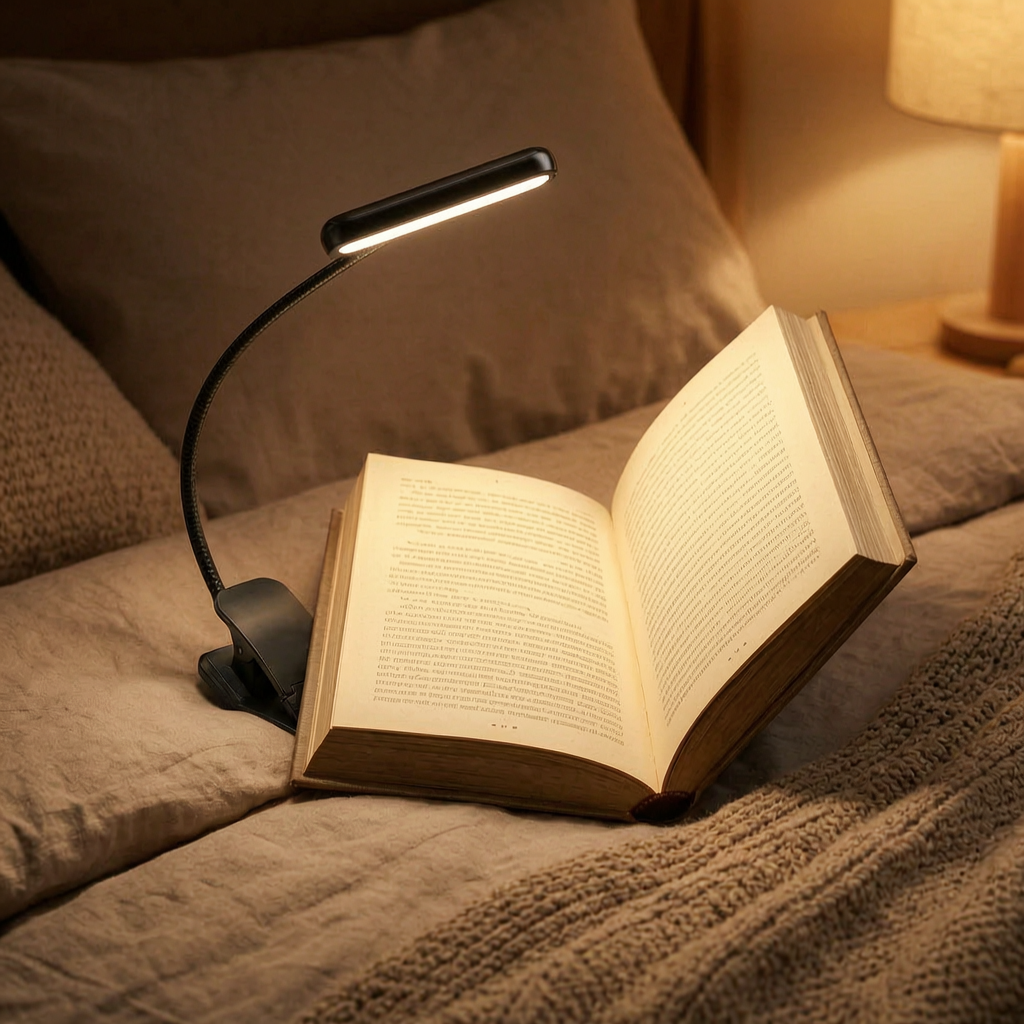 Luz de lectura con pinza encendida sobre un libro en la cama