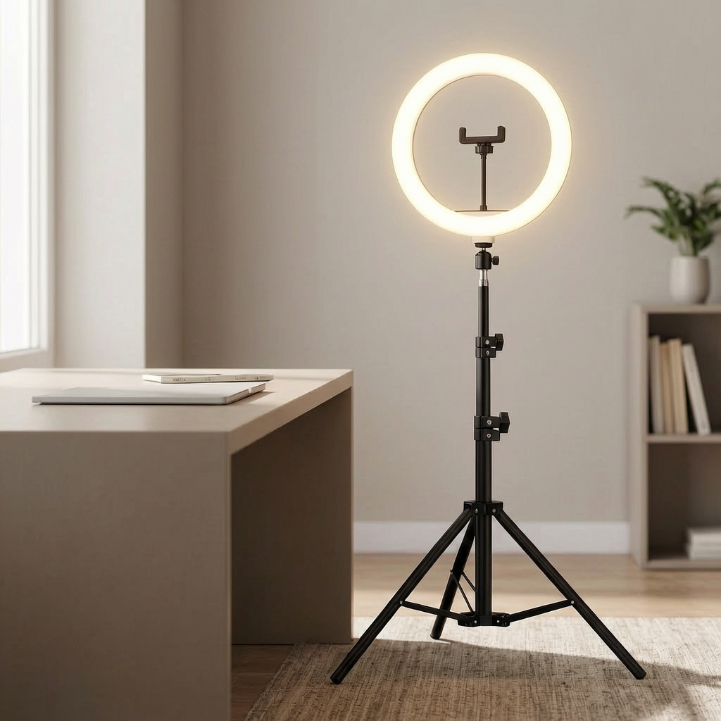 Aro de luz LED con trípode en un estudio en casa