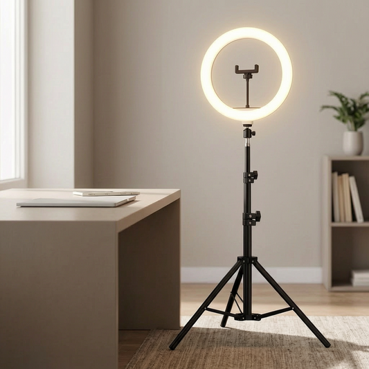 Aro de luz LED con trípode en un estudio en casa