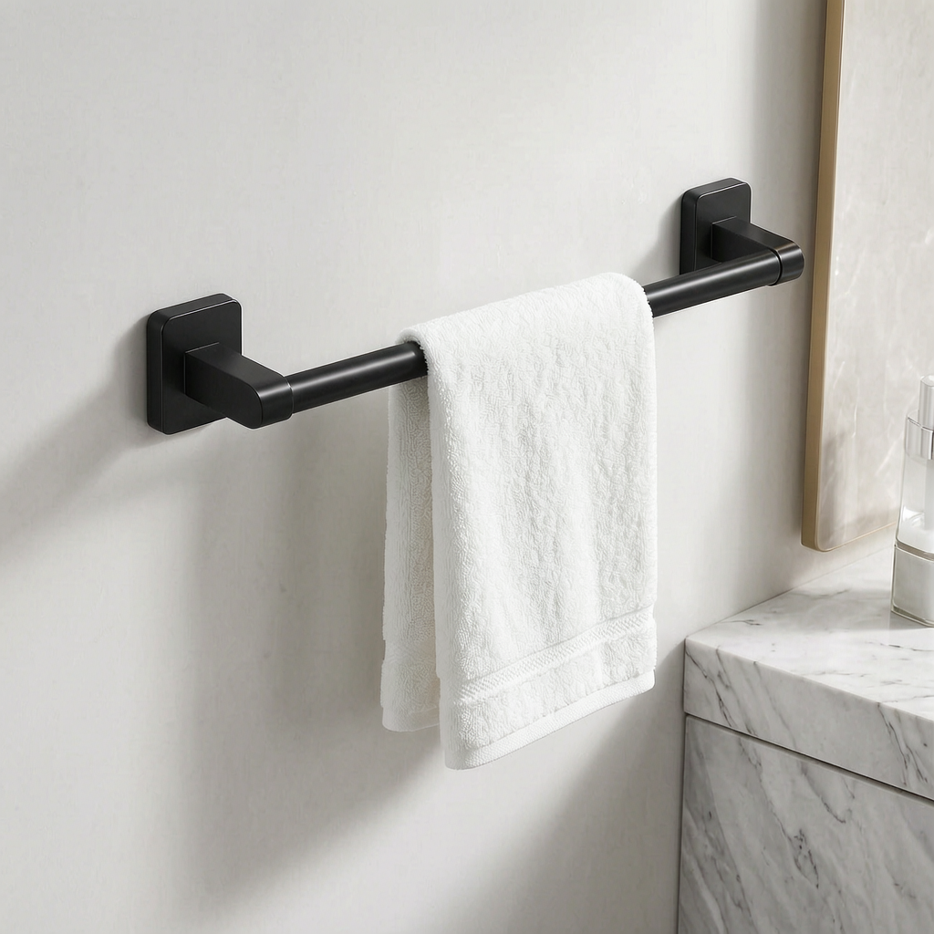 Toallero de aluminio en la pared de un baño moderno