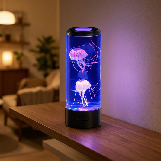 Lámpara de medusas encendida en una estantería