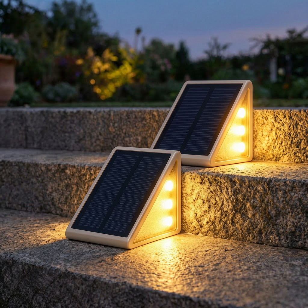 Luces solares iluminando unos escalones de jardín