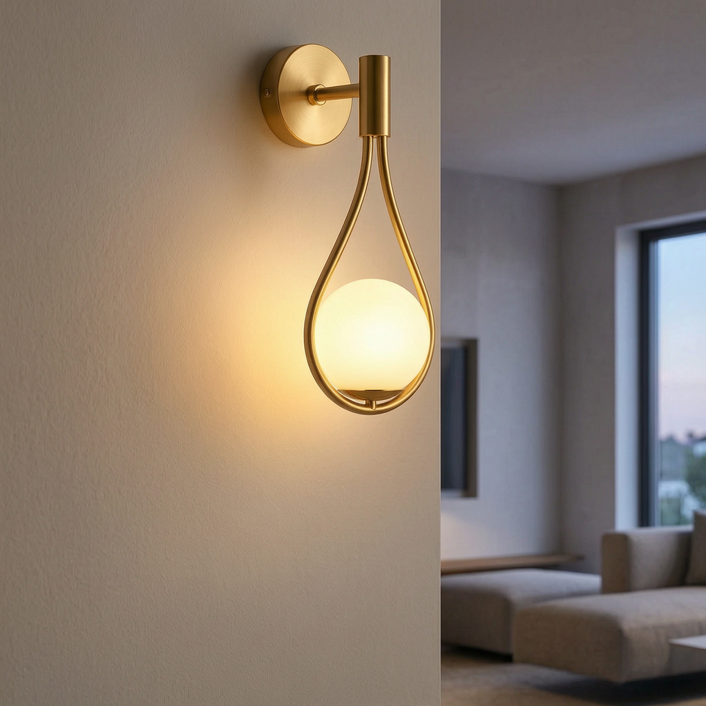 Aplique minimalista encendido en un salón contemporáneo