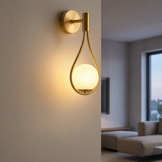 Aplique minimalista encendido en un salón contemporáneo