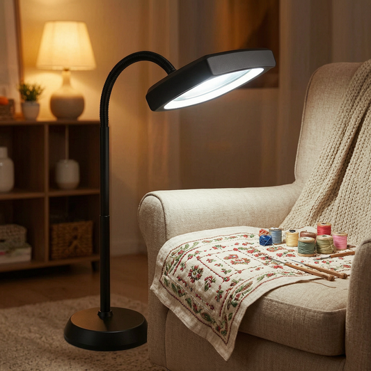 Lámpara de aumento de pie junto a un sillón