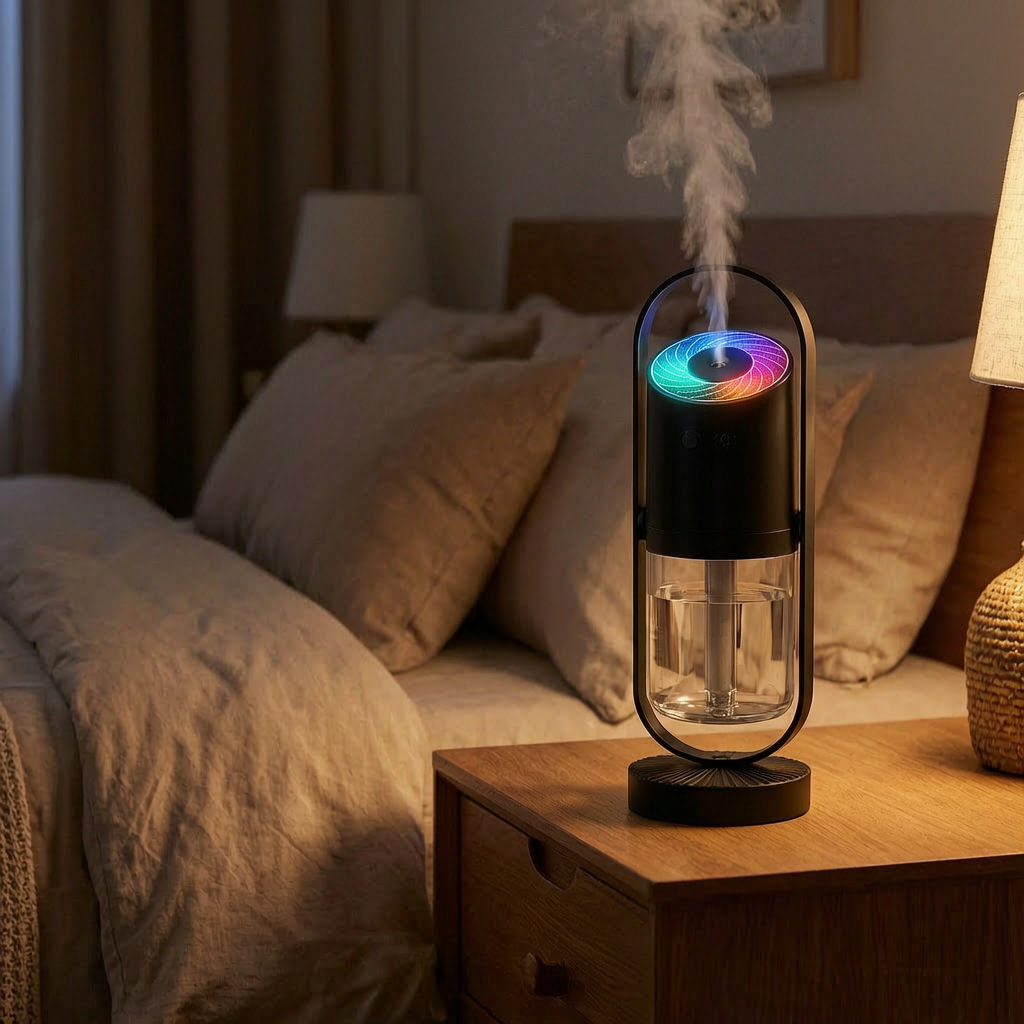 Mini humidificador con luz nocturna en una mesita de noche