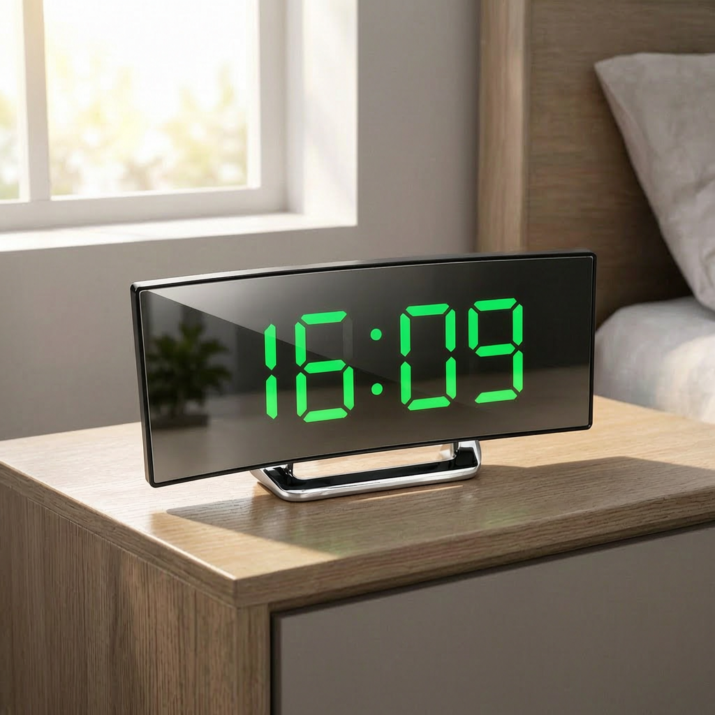 Reloj despertador con espejo en una mesita de noche