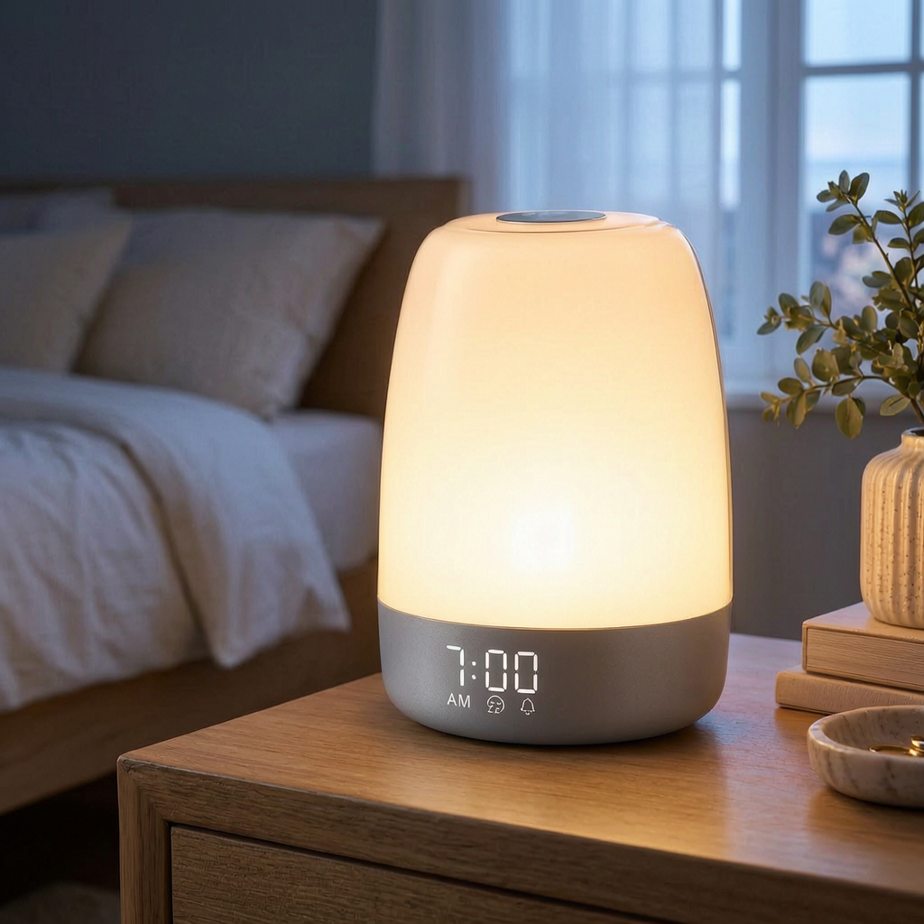 Lámpara despertador encendida en una mesita de noche