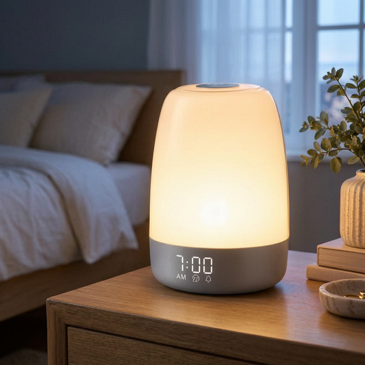 Lámpara despertador encendida en una mesita de noche