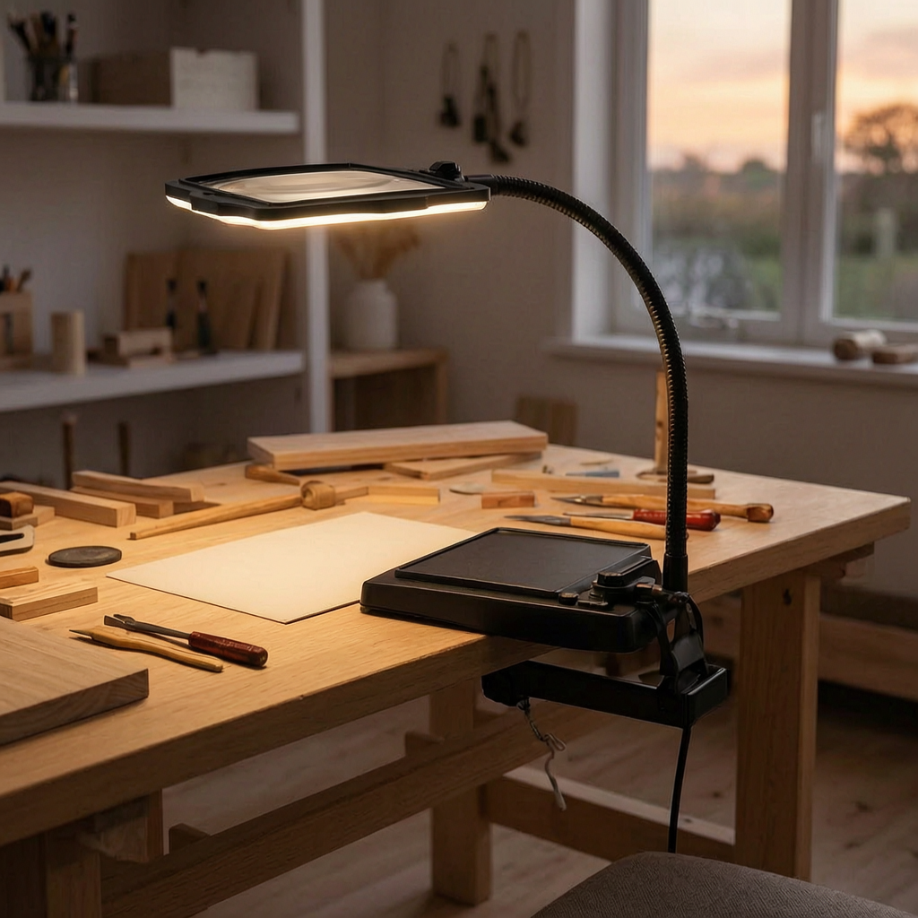Lámpara de escritorio con lupa sobre una mesa de manualidades