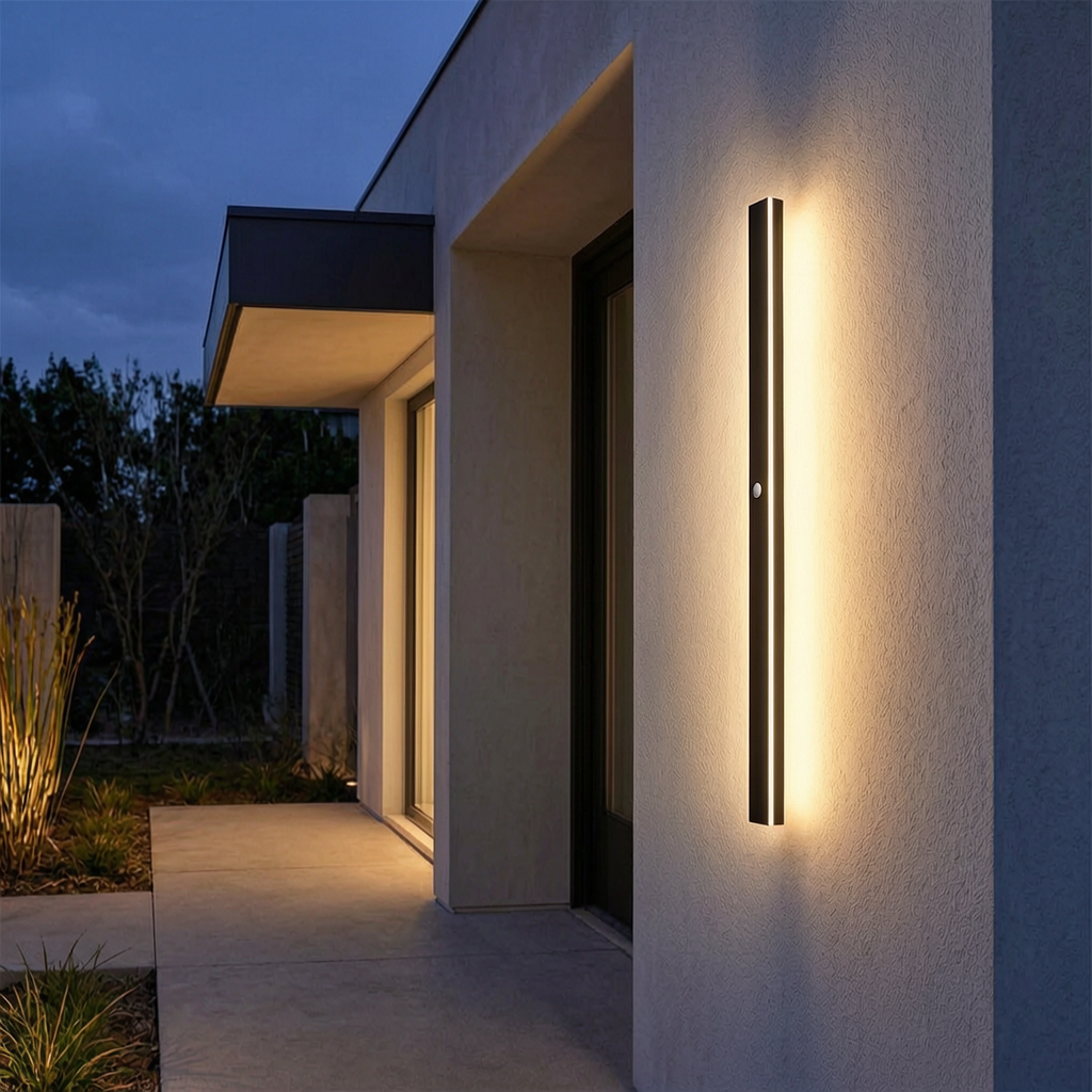 Aplique LED de exterior encendido junto a la entrada de una casa