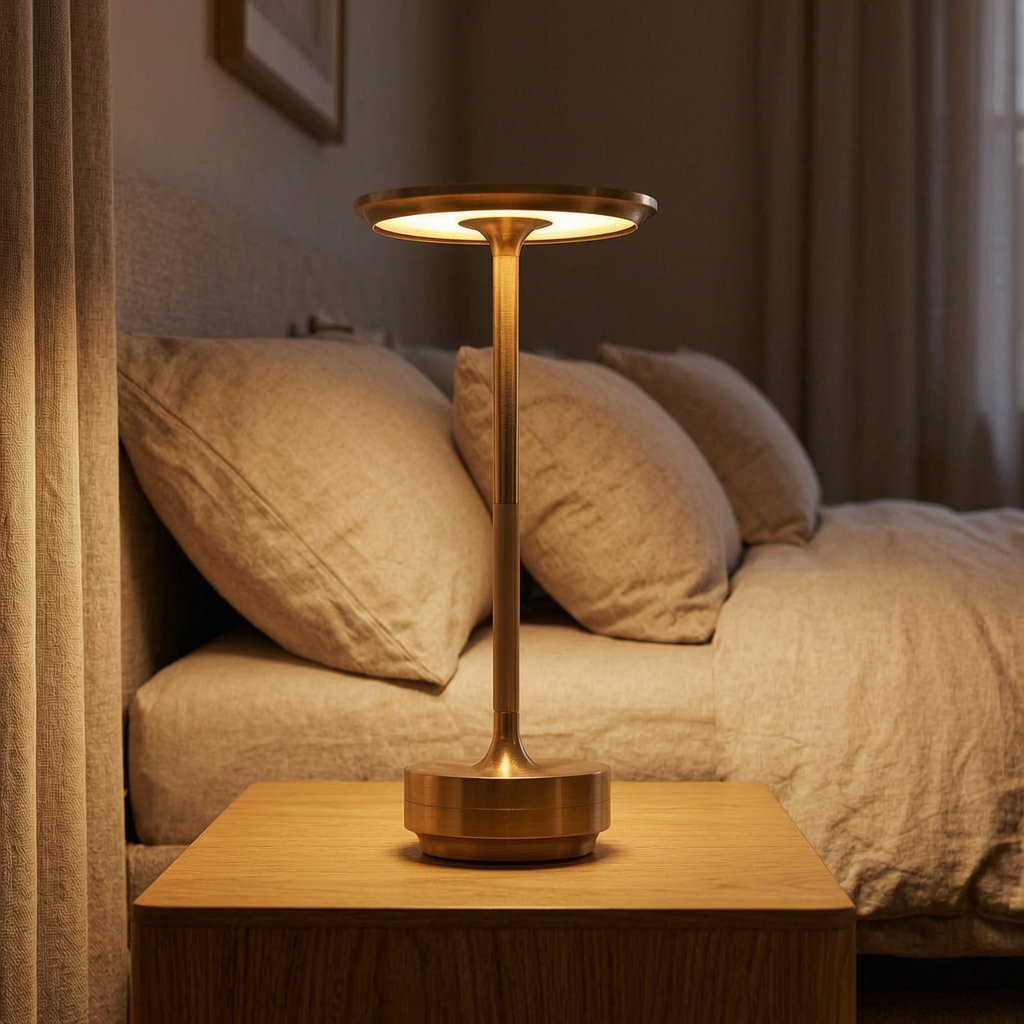 Lámpara de mesa LED recargable encendida en una mesita de noche