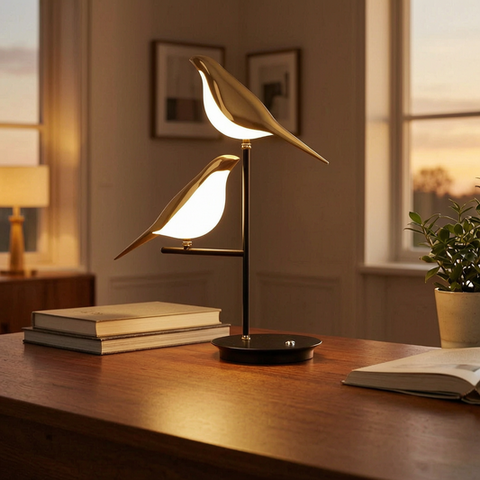 Lámpara de mesa Birdlight con dos pájaros dorados encendida sobre un escritorio