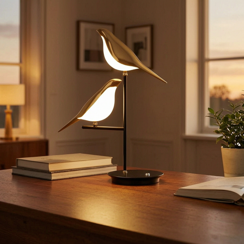 Lámpara de mesa Birdlight con dos pájaros dorados encendida sobre un escritorio