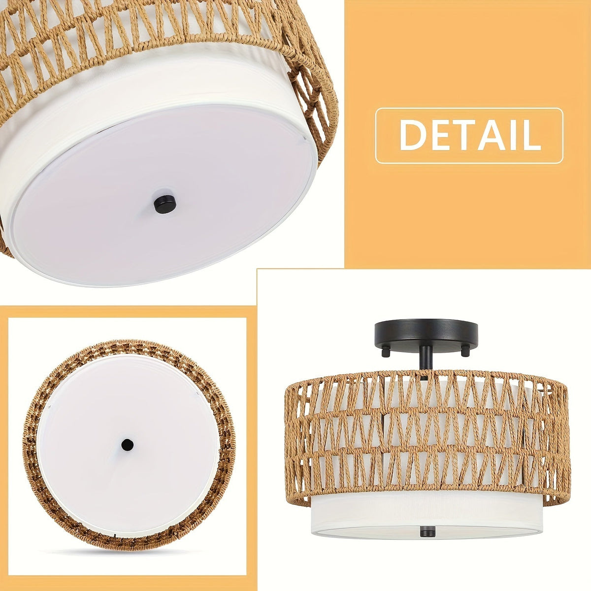 Plafón Boho de Ratán Tejido con Pantalla de Lino Natural