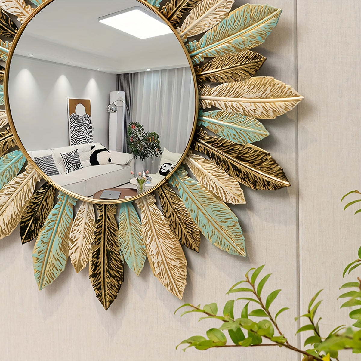 Espejo de Pared Boho Sol de Hojas Metálicas Verde y Dorado