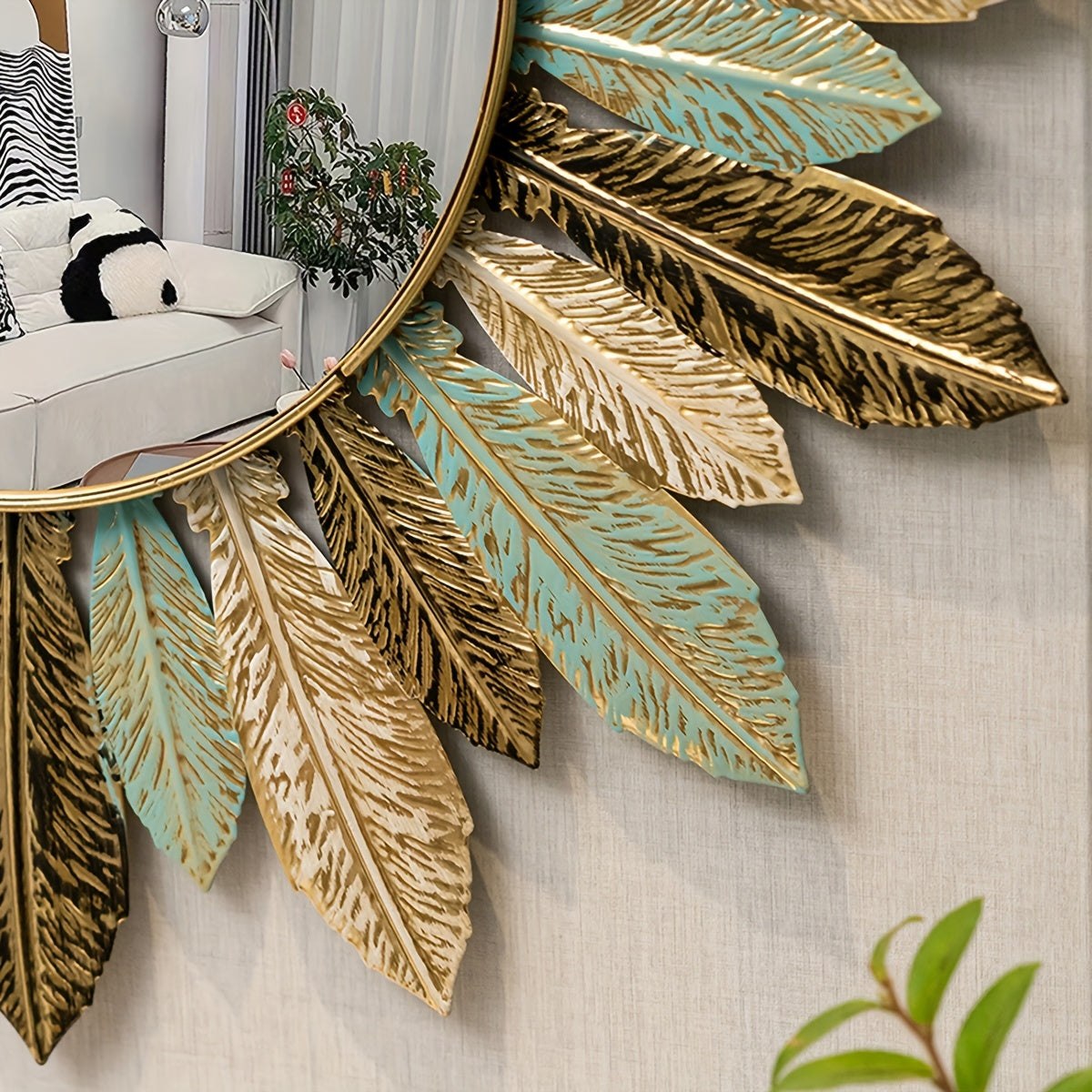Espejo de Pared Boho Sol de Hojas Metálicas Verde y Dorado