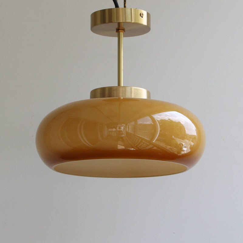 Lámpara de Techo Vintage de Latón con Vidrio Ámbar Retro
