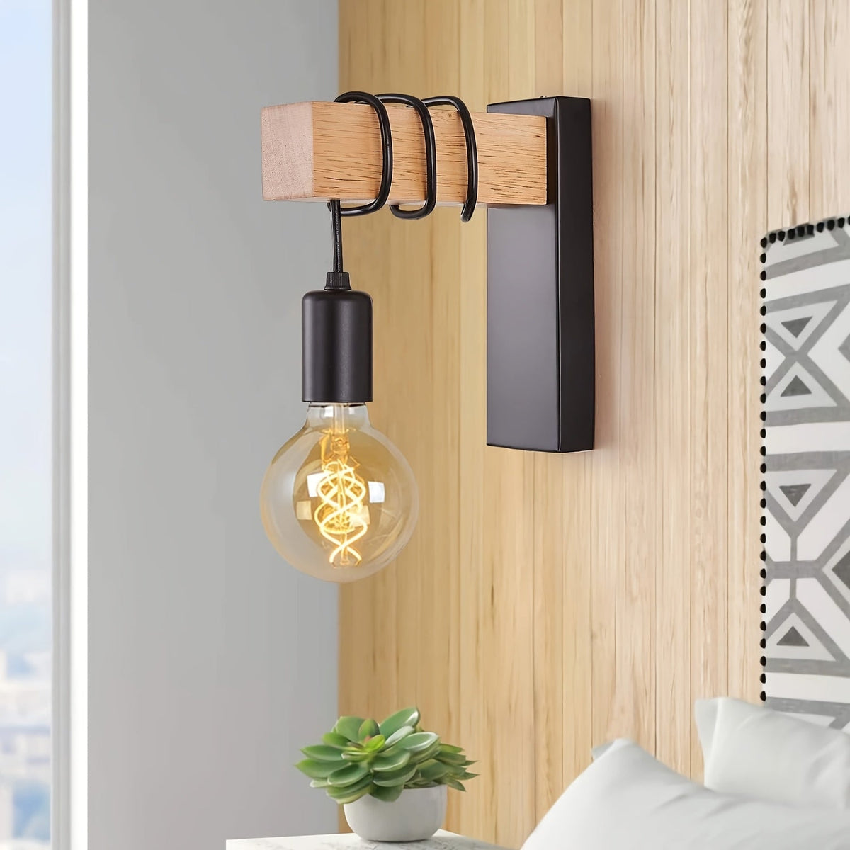 Aplique de Pared Industrial Moderno E27 Metal y Madera