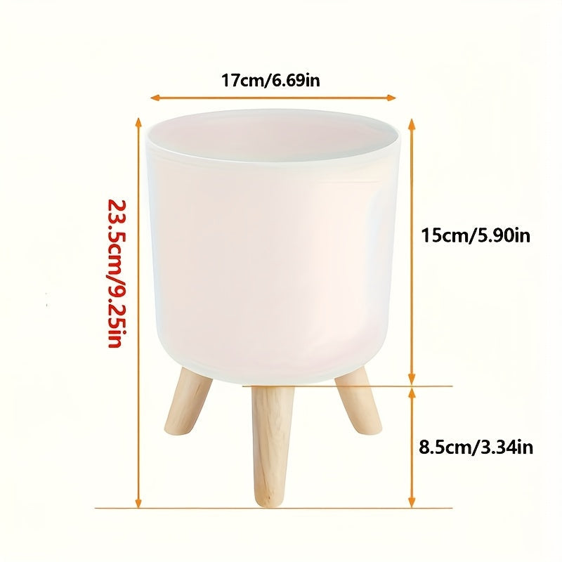 Maceta Redonda Moderna con Patas de Madera en Blanco o Negro