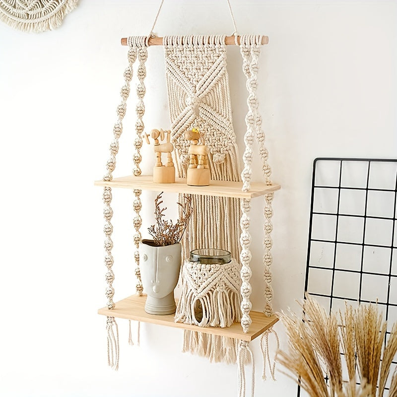 Estante de Pared Boho de Macramé Colgante de 2 Niveles