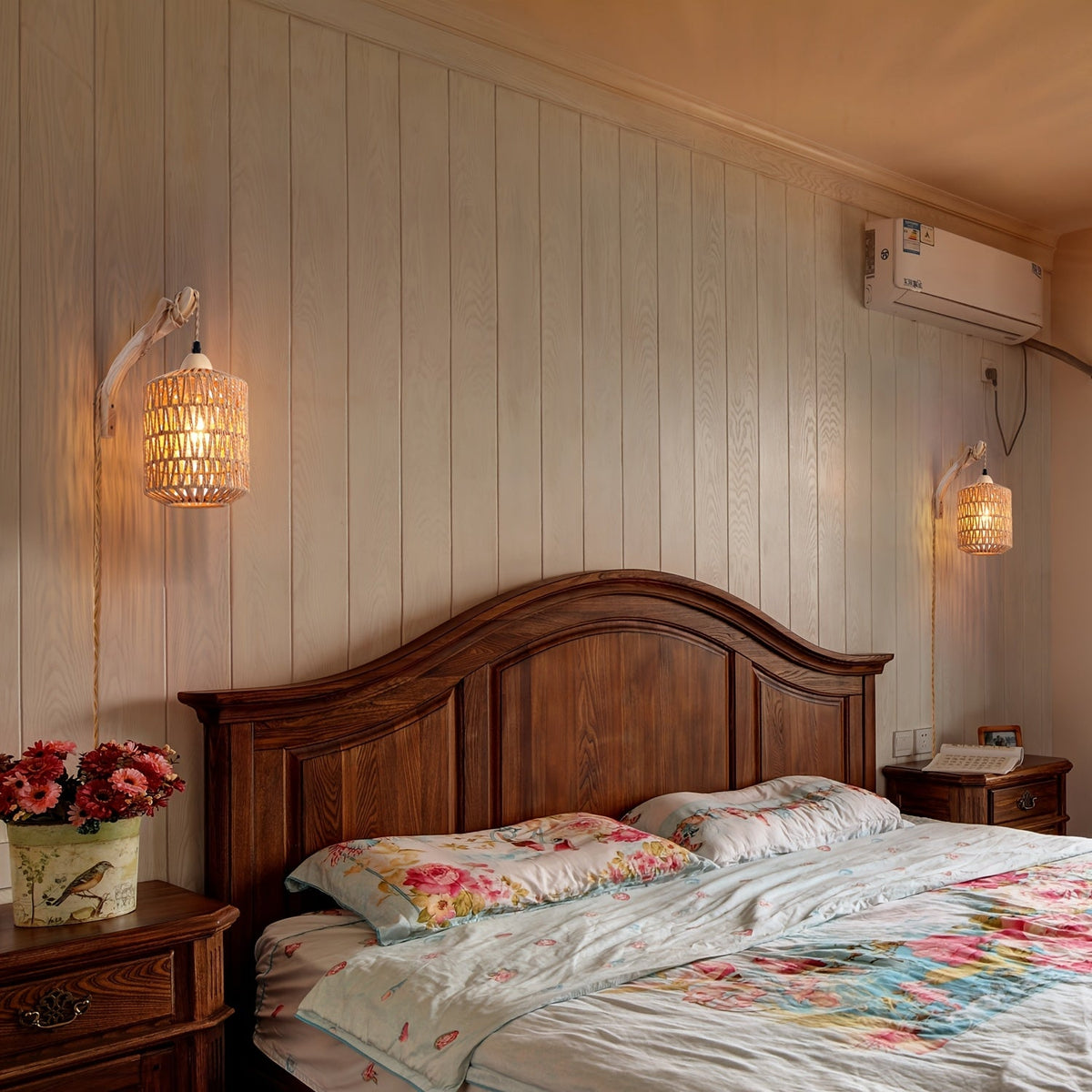 Aplique de Pared Boho de Madera y Ratán Enchufable Tejido