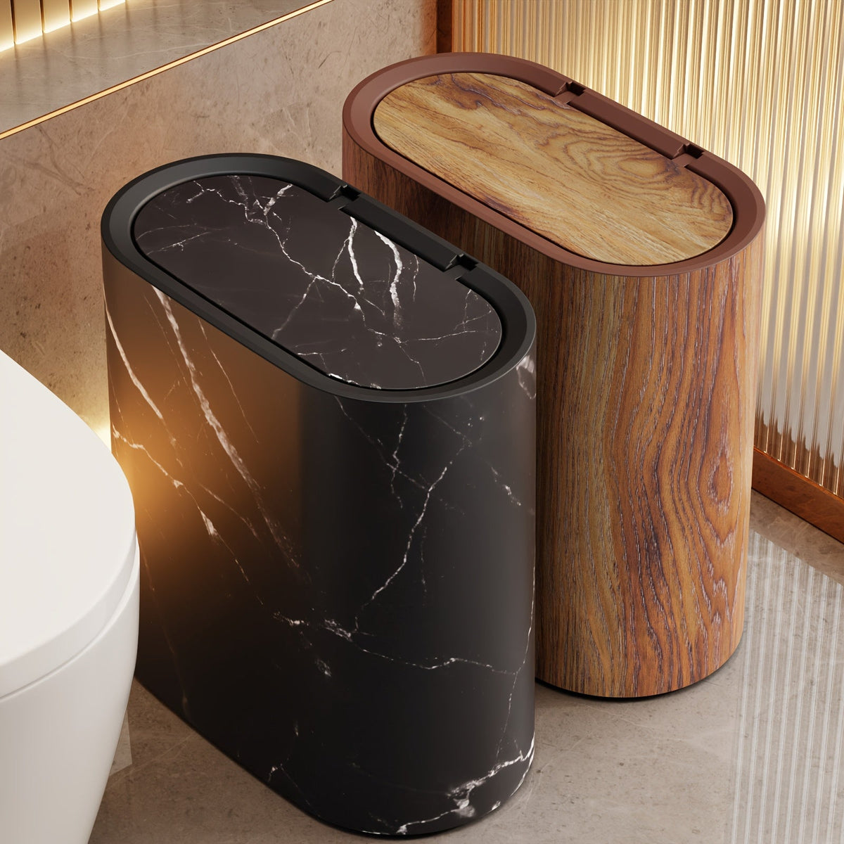 Papelera Ovalada con Tapa Efecto Mármol para Baño y Cocina