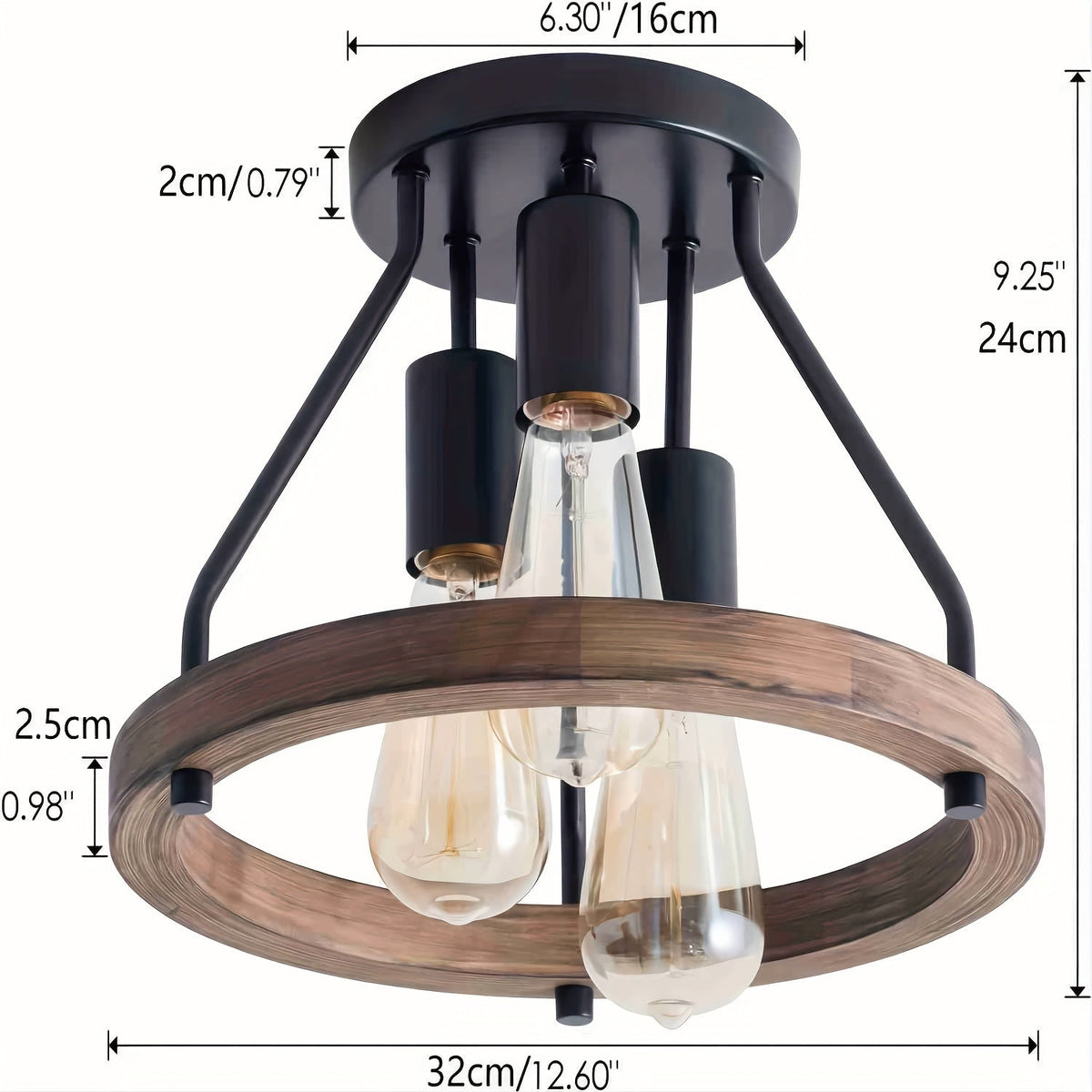 Lámpara de Techo Industrial con Anillo de Madera de 3 Luces