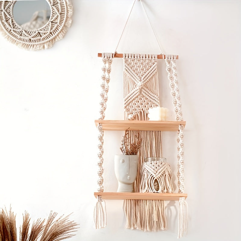 Estante de Pared Boho de Macramé Colgante de 2 Niveles
