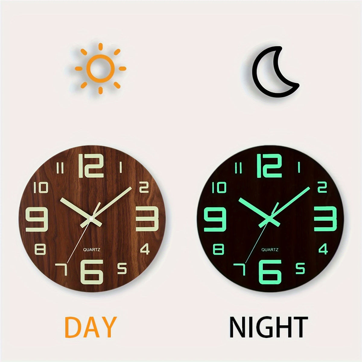 Reloj de Pared de Nogal Luminoso que Brilla en la Oscuridad