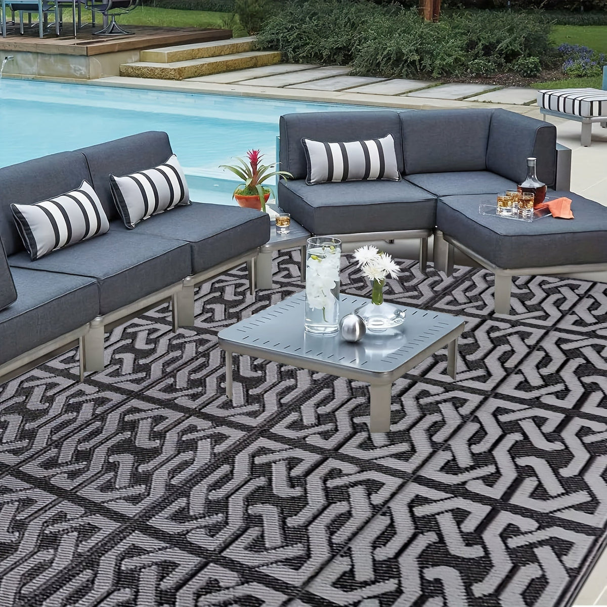 Alfombra de Exterior Reversible Geométrica Negra y Gris