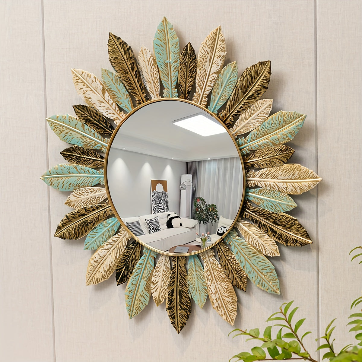Espejo de Pared Boho Sol de Hojas Metálicas Verde y Dorado