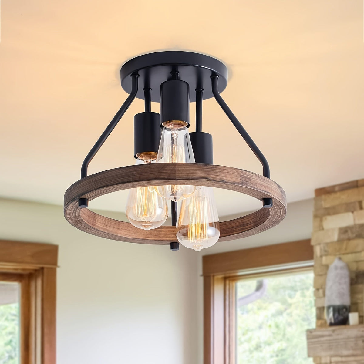 Lámpara de Techo Industrial con Anillo de Madera de 3 Luces