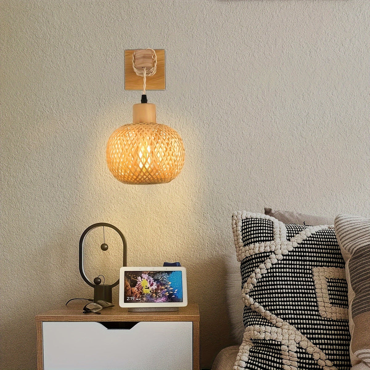 Aplique de Pared Rústico de Madera y Ratán Tejido a Mano