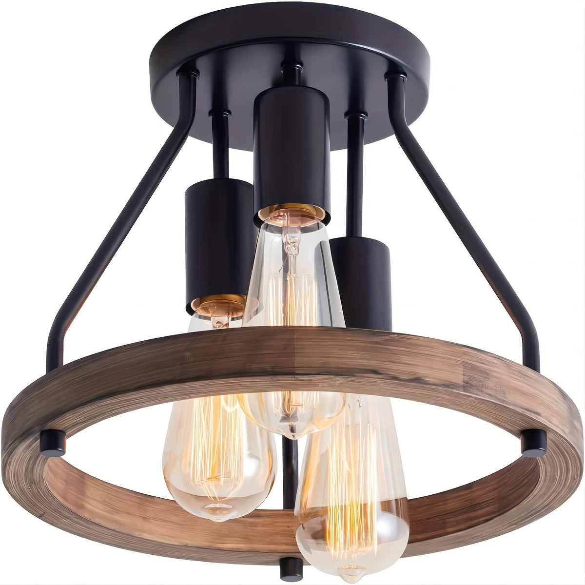Lámpara de Techo Industrial con Anillo de Madera de 3 Luces
