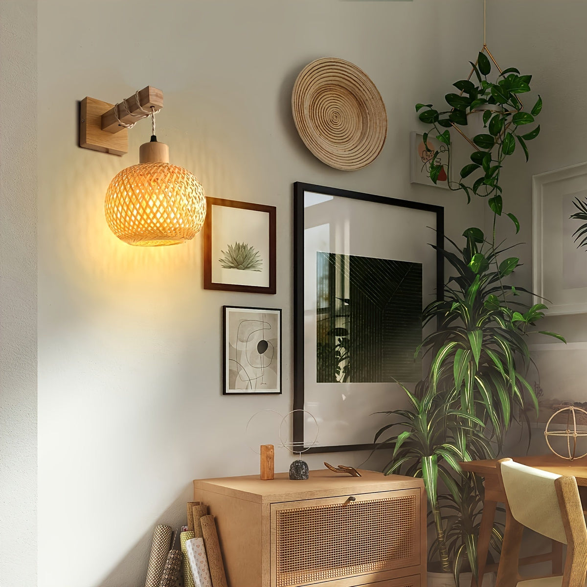 Aplique de Pared Rústico de Madera y Ratán Tejido a Mano