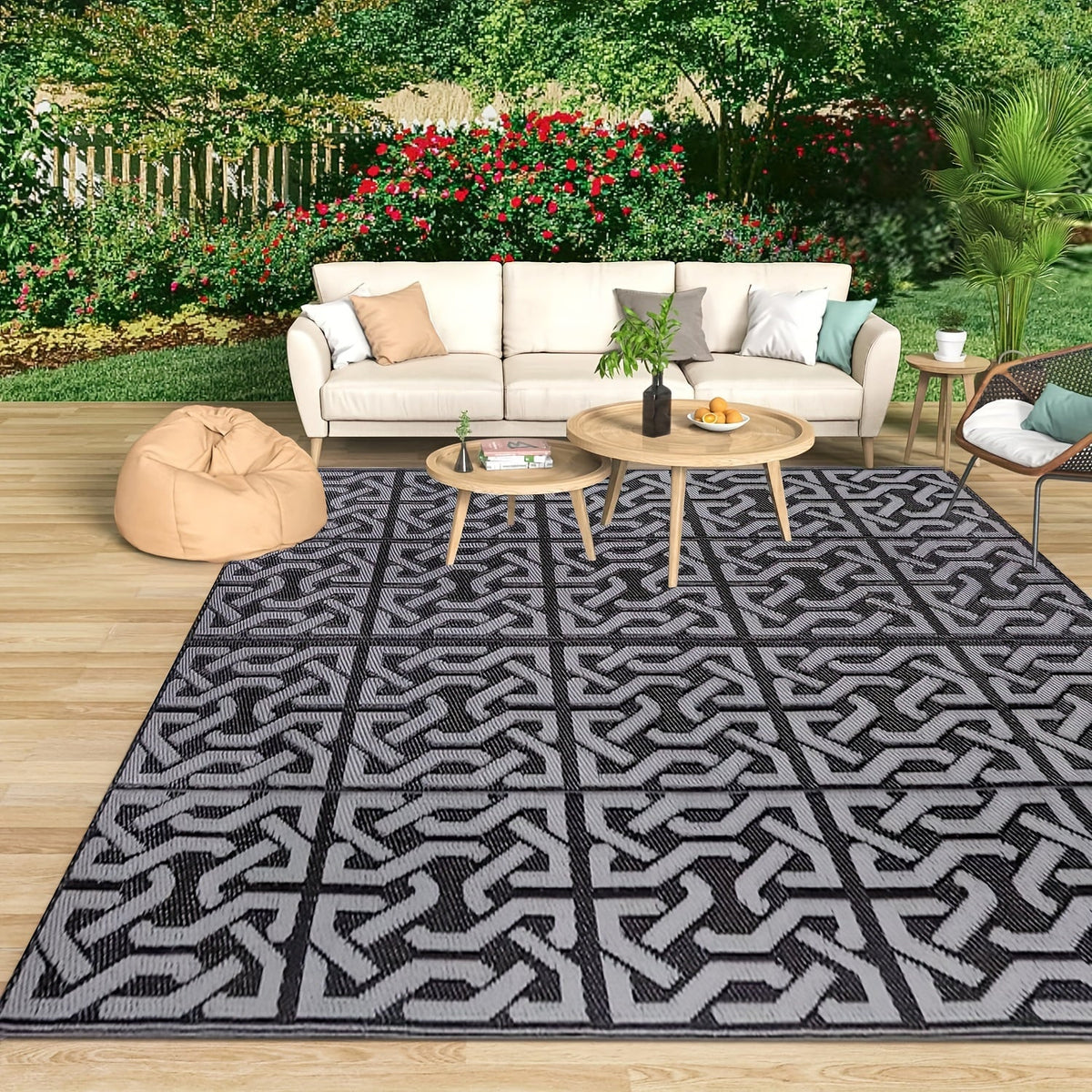 Alfombra de Exterior Reversible Geométrica Negra y Gris