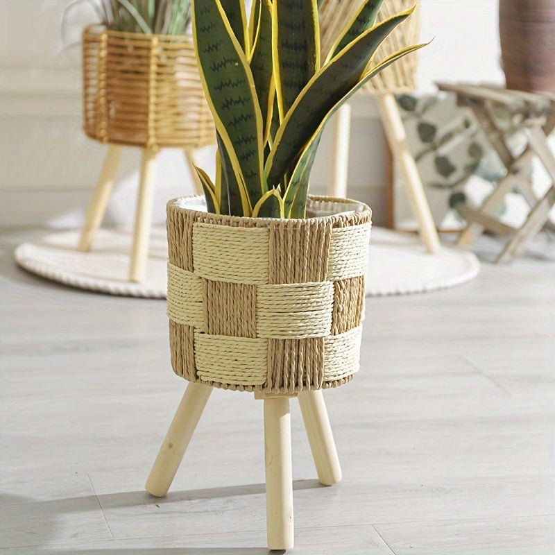 Soporte para Plantas de Bambú Tejido Boho Patas de Madera
