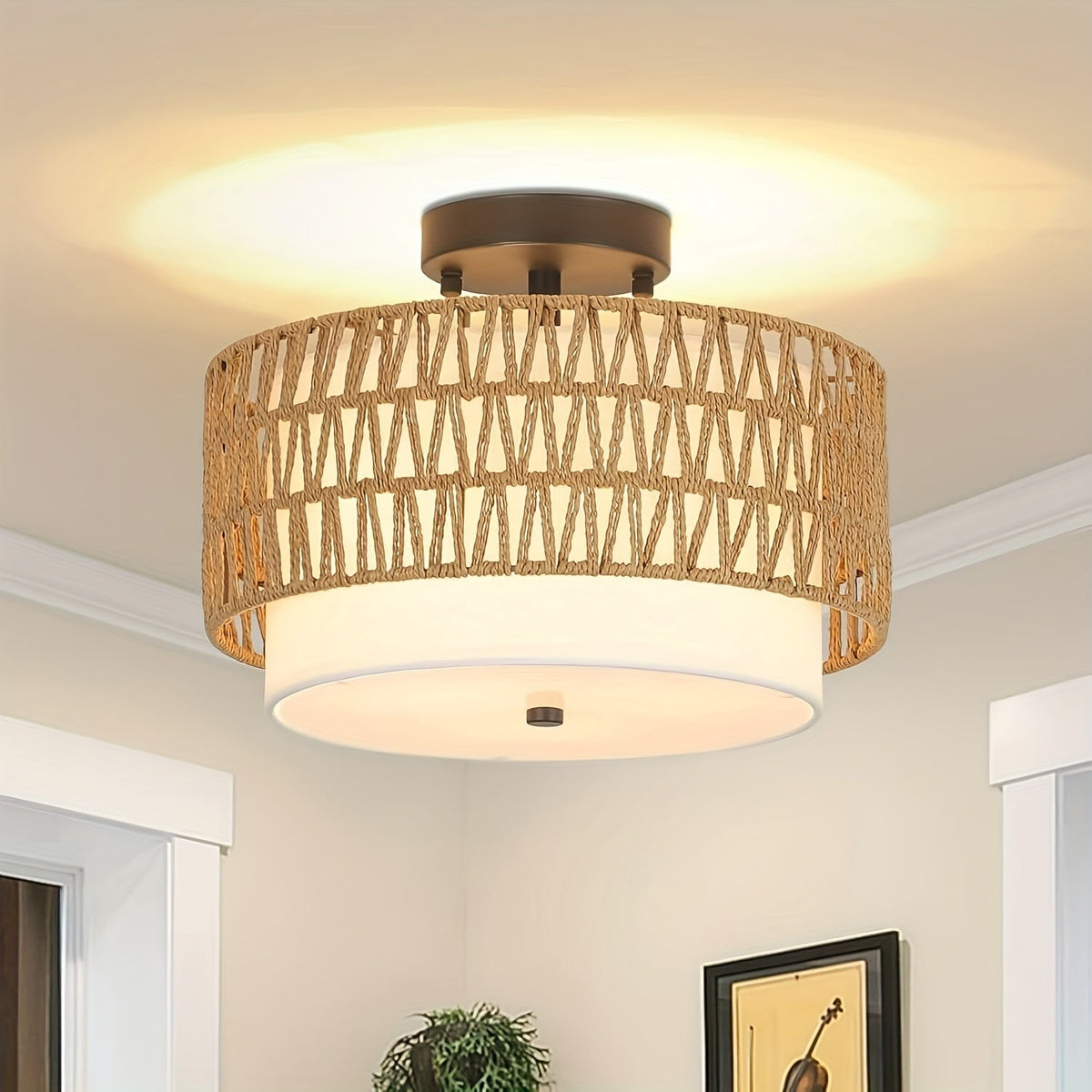Plafón Boho de Ratán Tejido con Pantalla de Lino Natural