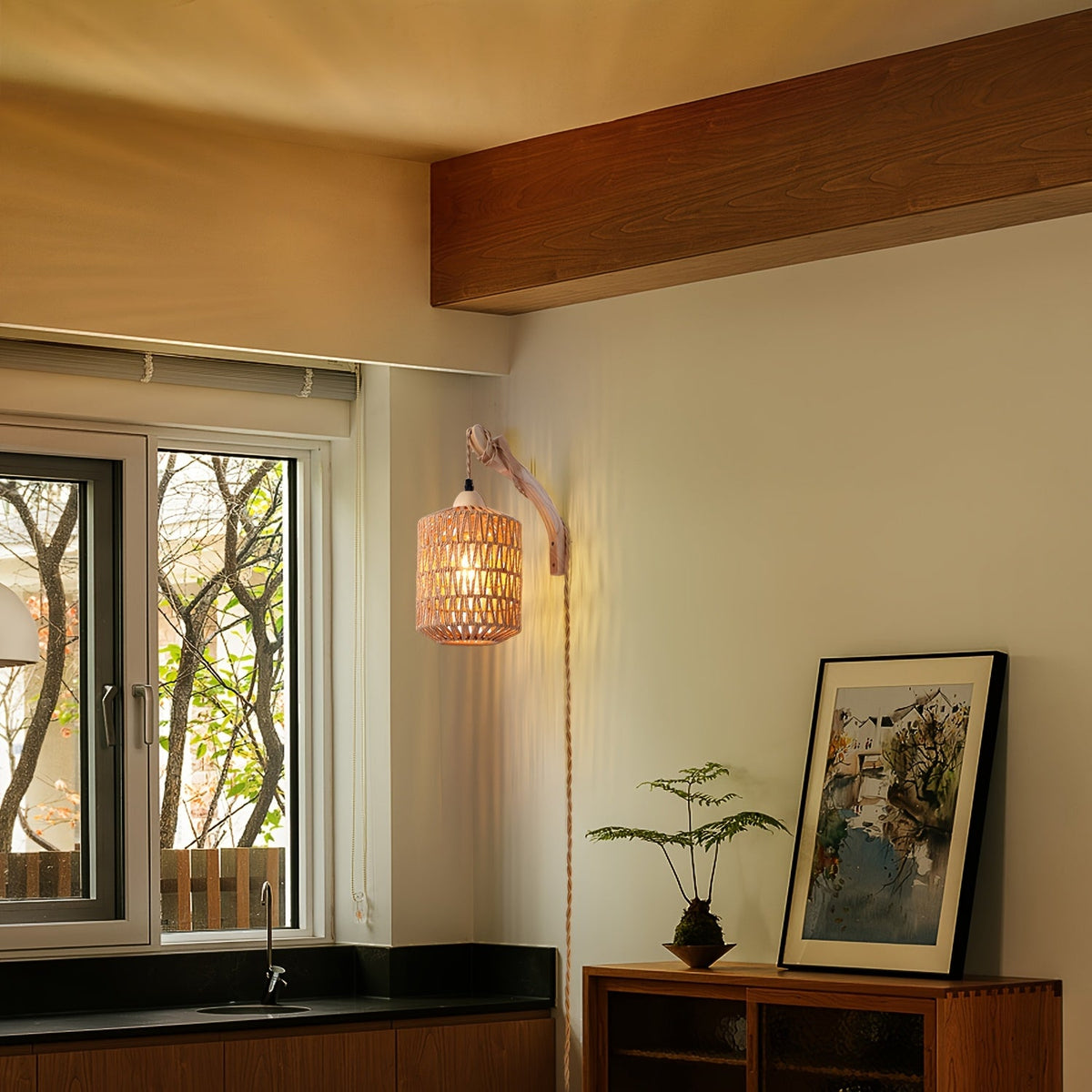 Aplique de Pared Boho de Madera y Ratán Enchufable Tejido