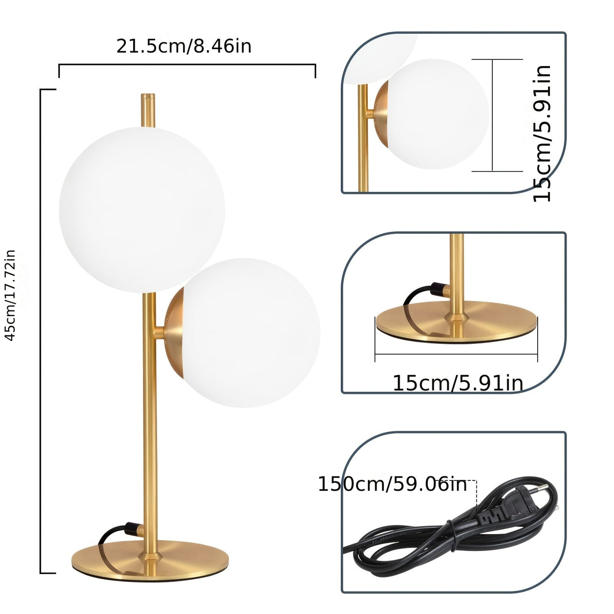 Lámpara de Mesa Dorada Moderna con Globo de Vidrio Blanco