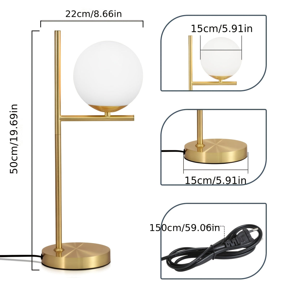 Lámpara de Mesa Dorada Moderna con Globo de Vidrio Blanco