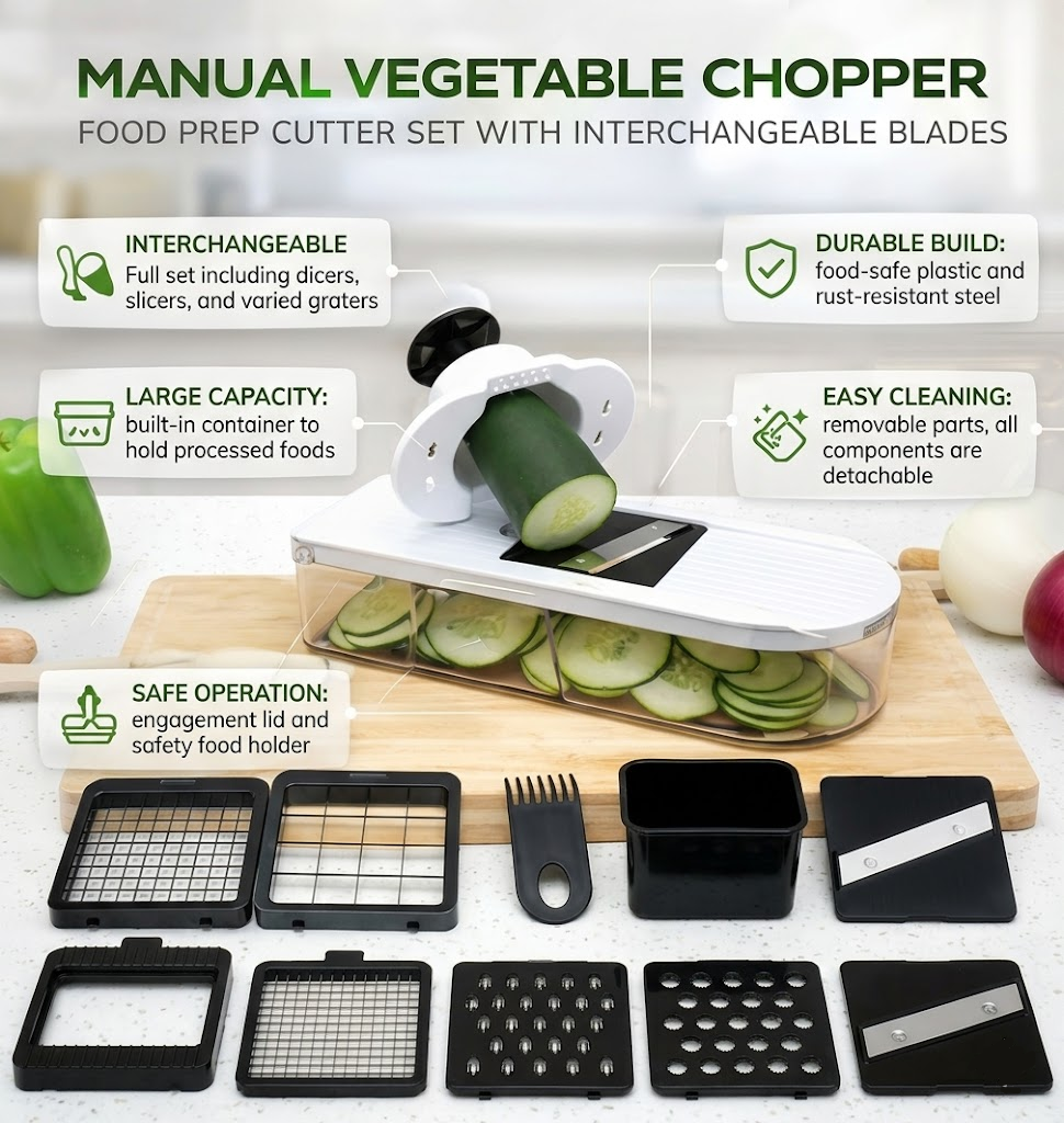 Cortador de Verduras Manual 7 en 1 con Cuchillas Cambiables