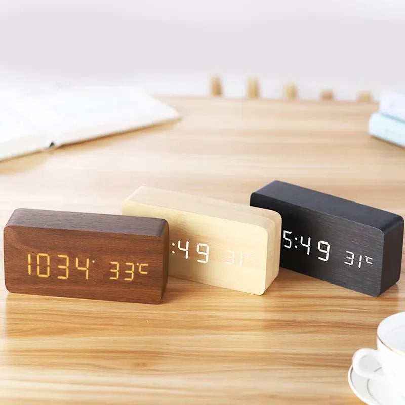 Despertador Digital LED de Madera para Mesita y Escritorio