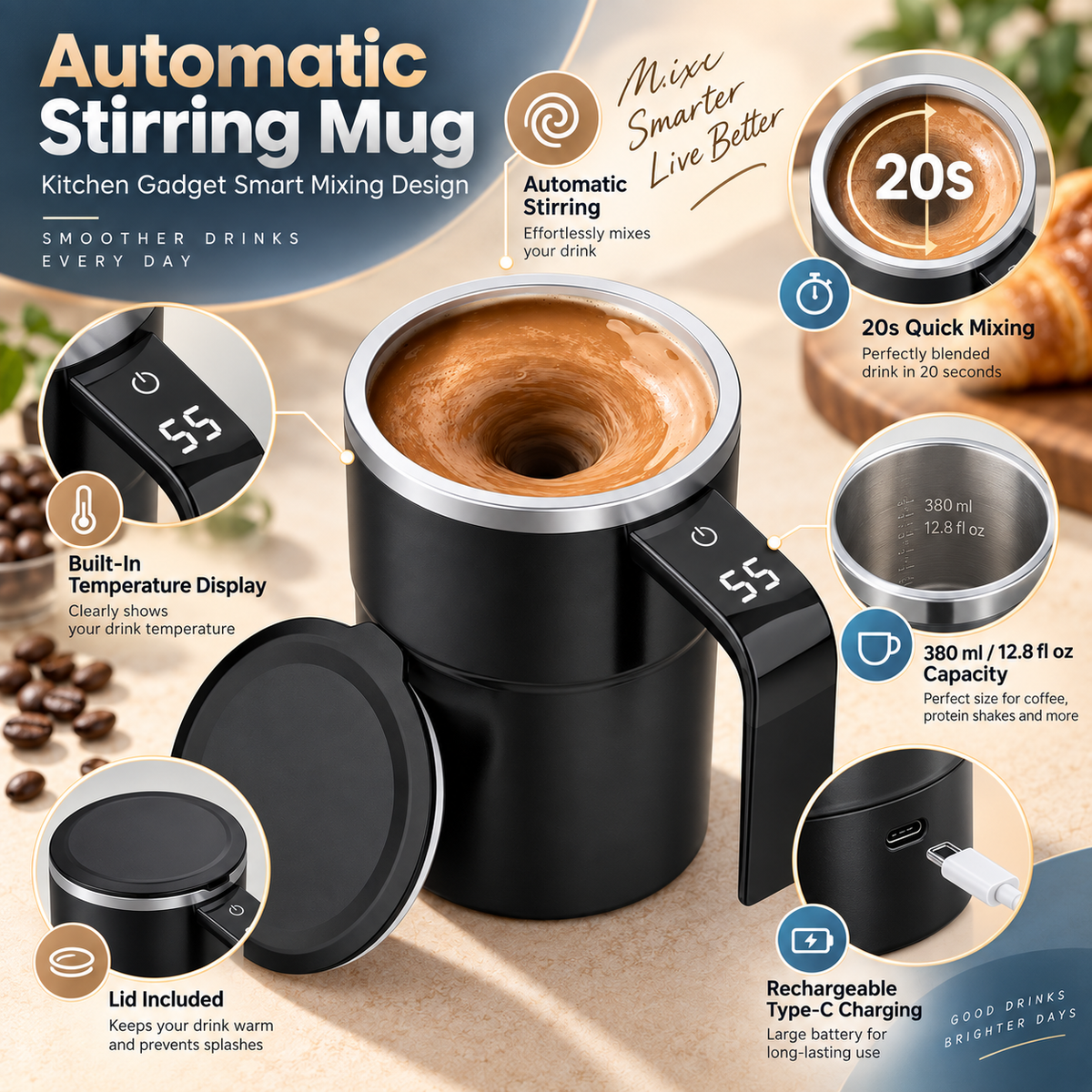 Taza Mezcladora Automática Recargable de 380 ml para Café