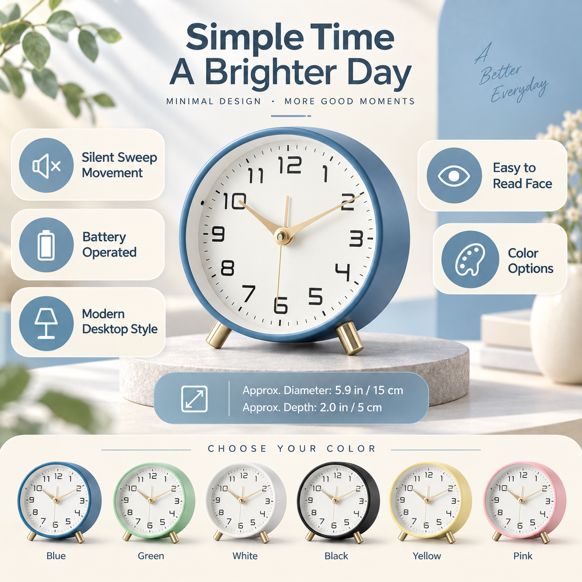 Reloj de Mesa Silencioso a Pilas Estilo Nórdico, 6 Colores