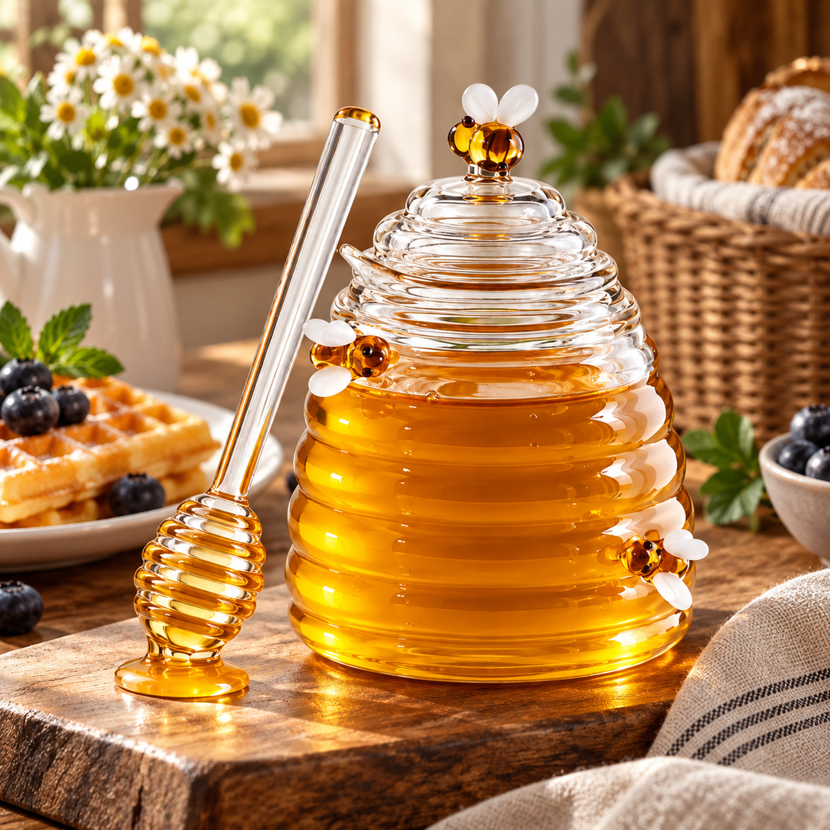 Tarro de Miel de Vidrio Estilo Colmena con Cuchara y Abejas