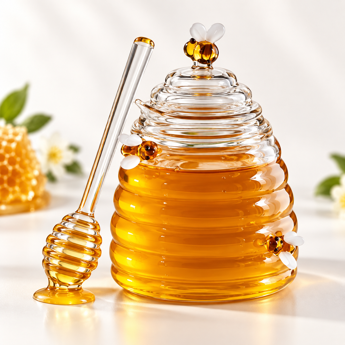 Tarro de Miel de Vidrio Estilo Colmena con Cuchara y Abejas
