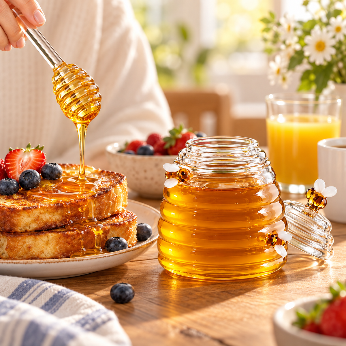 Tarro de Miel de Vidrio Estilo Colmena con Cuchara y Abejas