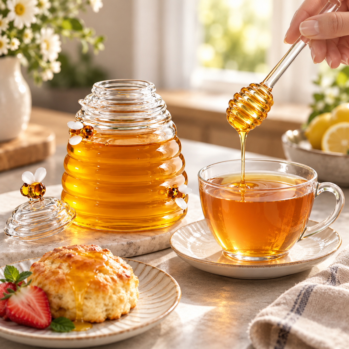 Tarro de Miel de Vidrio Estilo Colmena con Cuchara y Abejas